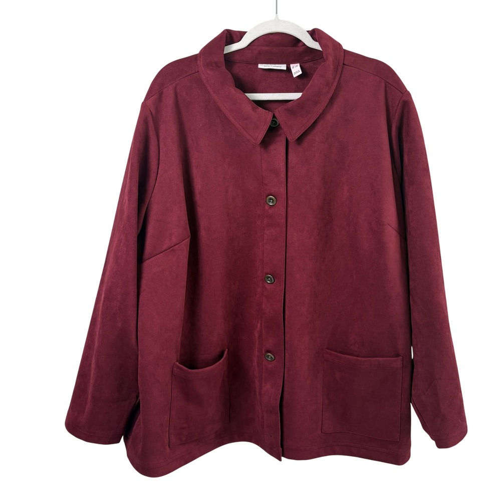 Denim & Co Faux Suede Jacket Women 3X Burgundy Button Front Pockets A456254
